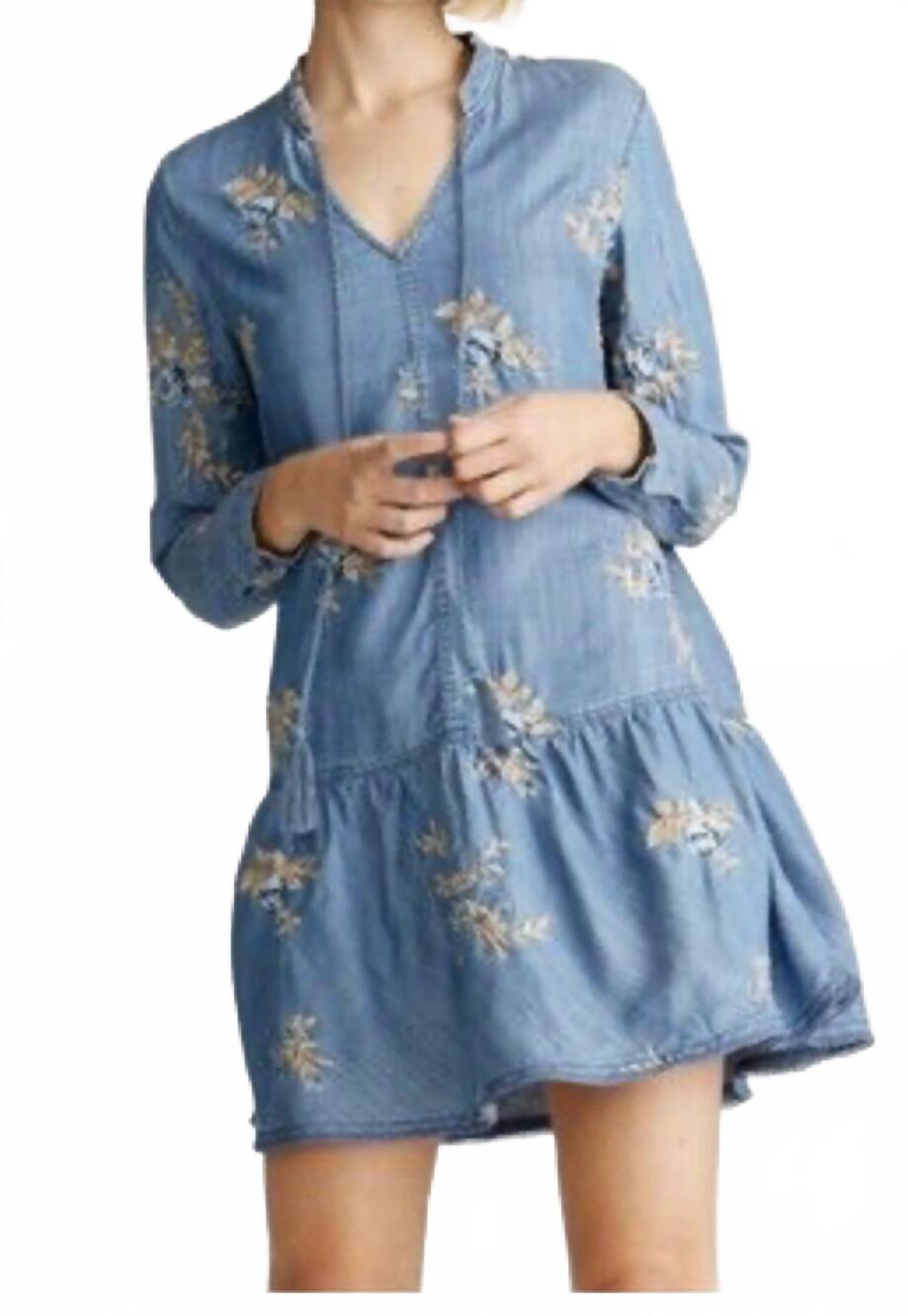 NEW DRIFTWOOD long sleeve floral dress in denim med wash